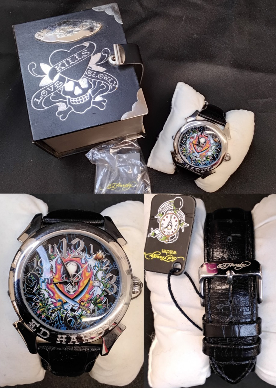 Ed Hardy Skull Design w/ Flames Wrist Watch Leather Band Silver Tone #Z5857
